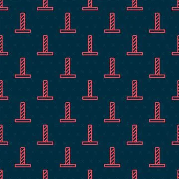 Red line Cat scratching post with toy icon isolated seamless pattern on black Stock Illustration