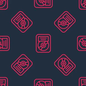 Red line CD disk award in frame icon isolated seamless pattern on black Illustrazione stock