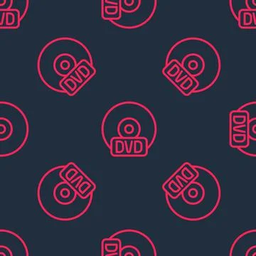 Red line CD or DVD disk icon isolated seamless pattern on black background Stock Illustration