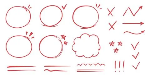 Red line check mark, underline, circle. Hand drawn doodle sketch red marker Stock Illustration