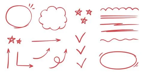 Red line check mark, underline, circle. Hand drawn doodle sketch red marker Stock Illustration
