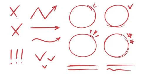 Red line check mark, underline, circle. Hand drawn doodle sketch red marker Stockillustratie
