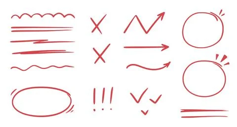 Red line check mark, underline, circle. Hand drawn doodle sketch red marker Stock Illustration
