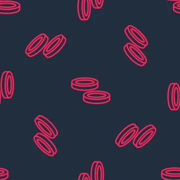 Red line Checker game chips icon isolated seamless pattern on black background Stock Illustration