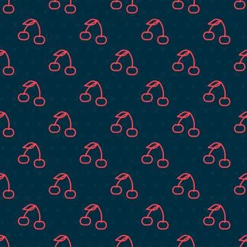 Red line Cherry icon isolated seamless pattern on black background. Fruit w.. Stock Illustration