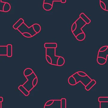 Red line Christmas stocking icon isolated seamless pattern on black backgroun Stock Illustration