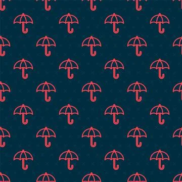 Red line Classic elegant opened umbrella icon isolated seamless pattern on black Stock Illustration