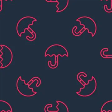 Red line Classic elegant opened umbrella icon isolated seamless pattern on black Stock Illustration