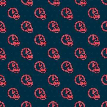 Red line Clock 24 hours icon isolated seamless pattern on black background. All Stock Illustration