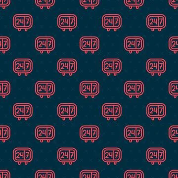 Red line Clock 24 hours icon isolated seamless pattern on black background. A Stock Illustration