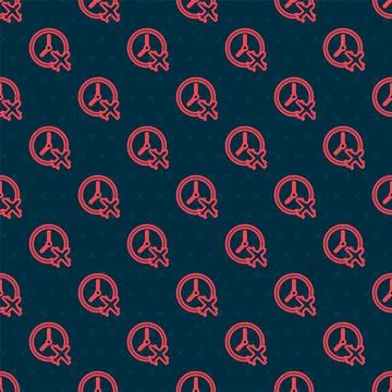 Red line Clock with airplane icon isolated seamless pattern on black background Stock Illustration