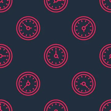Red line Clock icon isolated seamless pattern on black background. Time symbol Stock Illustration