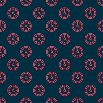 Red line Clock icon isolated seamless pattern on black background. Time symbol 스톡 일러스트