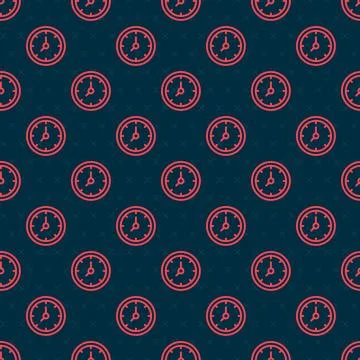 Red line Clock icon isolated seamless pattern on black background. Time symbol Illustrazione stock
