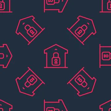 Red line Closed warehouse icon isolated seamless pattern on black background Stock Illustration