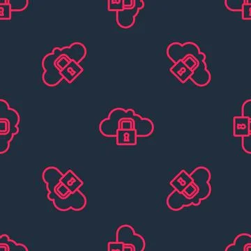 Red line Cloud computing lock icon isolated seamless pattern on black backgro Stockillustratie