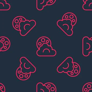 Red line Cloud with moon icon isolated seamless pattern on black background.  Stock Illustration