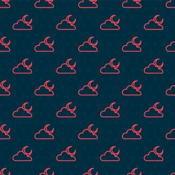 Red line Cloud with moon icon isolated seamless pattern on black background.  Stock Illustration