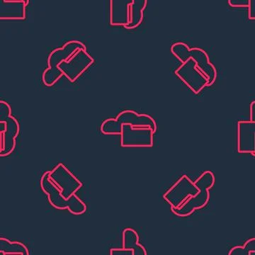 Red line Cloud or online library icon isolated seamless pattern on black Stock Illustration