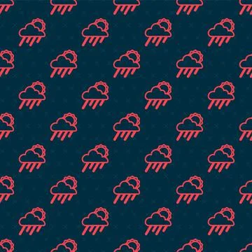 Red line Cloud with rain and sun icon isolated seamless pattern on black イラスト素材