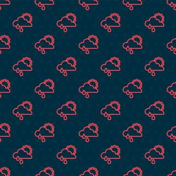 Red line Cloud with rain and sun icon isolated seamless pattern on black Illustrazione stock