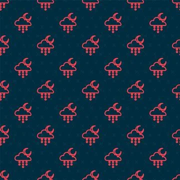 Red line Cloud with rain and moon icon isolated seamless pattern on black Illustrazione stock