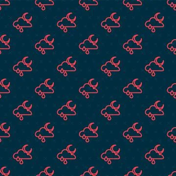 Red line Cloud with rain and moon icon isolated seamless pattern on black Stock Illustration