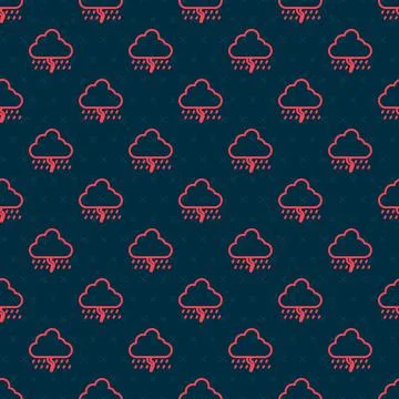 Red line Cloud with rain and lightning icon isolated seamless pattern on blac Stock Illustration