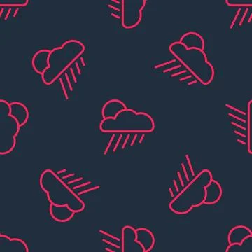 Red line Cloud with rain and sun icon isolated seamless pattern on black Stock Illustration