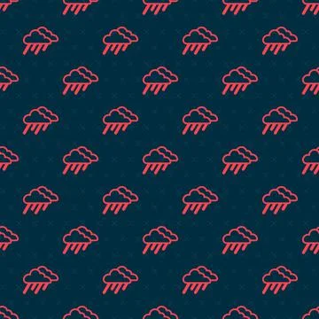 Red line Cloud with rain icon isolated seamless pattern on black background Stock Illustration