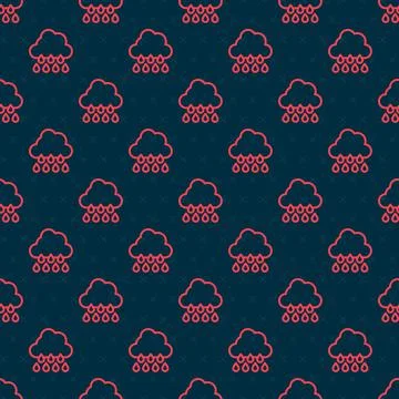 Red line Cloud with rain icon isolated seamless pattern on black background Stock Illustration