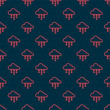 Red line Cloud with rain icon isolated seamless pattern on black background Stock Illustration