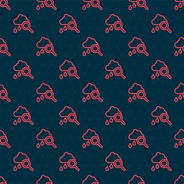 Red line Cloud with rain icon isolated seamless pattern on black background Stock Illustration
