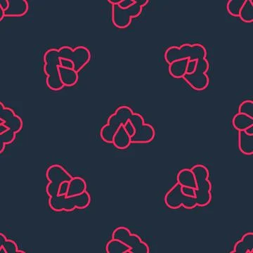 Red line Cloud with rain icon isolated seamless pattern on black background Stock Illustration