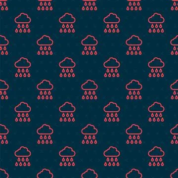 Red line Cloud with rain icon isolated seamless pattern on black background.  イラスト素材