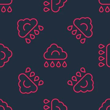 Red line Cloud with rain icon isolated seamless pattern on black background.  Illustrazione stock