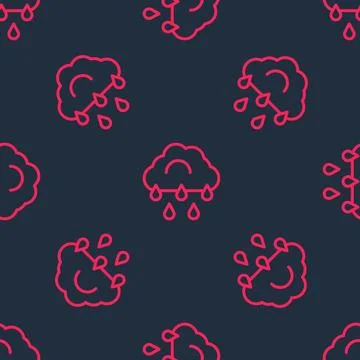 Red line Cloud with rain icon isolated seamless pattern on black background Stock Illustration