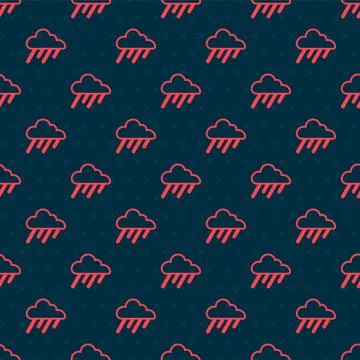 Red line Cloud with rain icon isolated seamless pattern on black background Stock Illustration