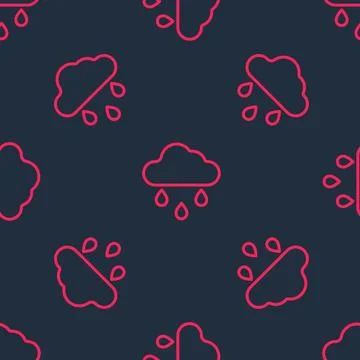 Red line Cloud with rain icon isolated seamless pattern on black background Stock Illustration