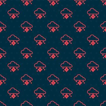 Red line Cloud with snow icon isolated seamless pattern on black background Stock Illustration