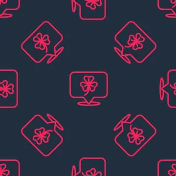 Red line Clover trefoil leaf icon isolated seamless pattern on black background Stock Illustration