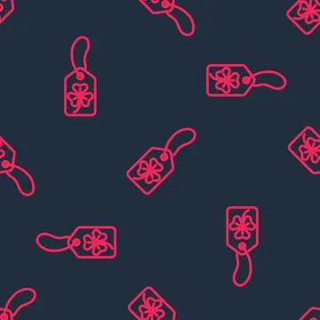 Red line Clover trefoil leaf with tag icon isolated seamless pattern on black Stock Illustration