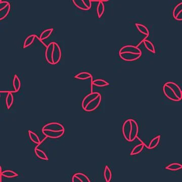 Red line Coffee beans icon isolated seamless pattern on black background. Vector 库存插图