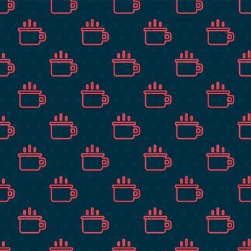 Red line Coffee cup icon isolated seamless pattern on black background. Tea cup 스톡 일러스트