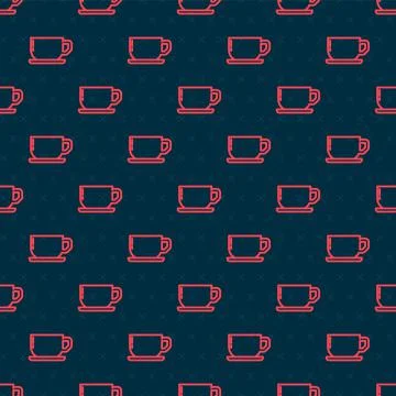 Red line Coffee cup icon isolated seamless pattern on black background. Tea cup 스톡 일러스트