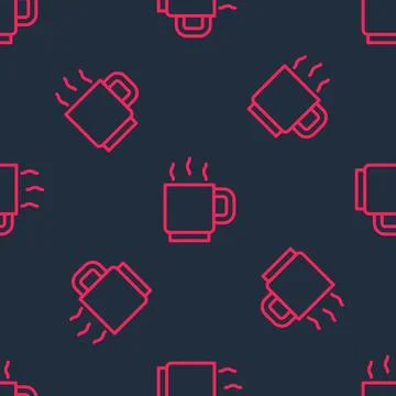 Red line Coffee cup icon isolated seamless pattern on black background. Tea cup 스톡 일러스트