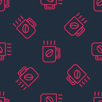 Red line Coffee cup icon isolated seamless pattern on black background. Tea cup 스톡 일러스트