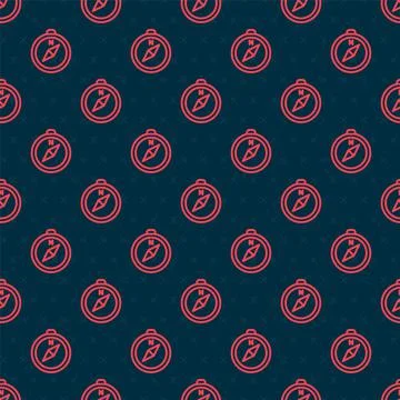 Red line Compass icon isolated seamless pattern on black background. Windrose Illustrazione stock
