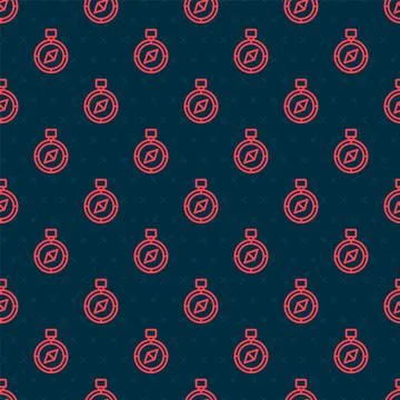 Red line Compass icon isolated seamless pattern on black background. Windrose 스톡 일러스트