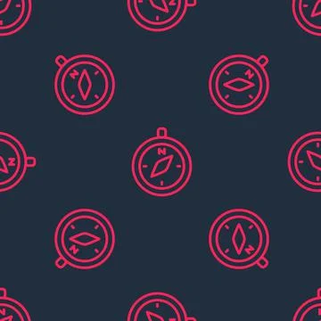 Red line Compass icon isolated seamless pattern on black background. Windrose Ilustración de archivo